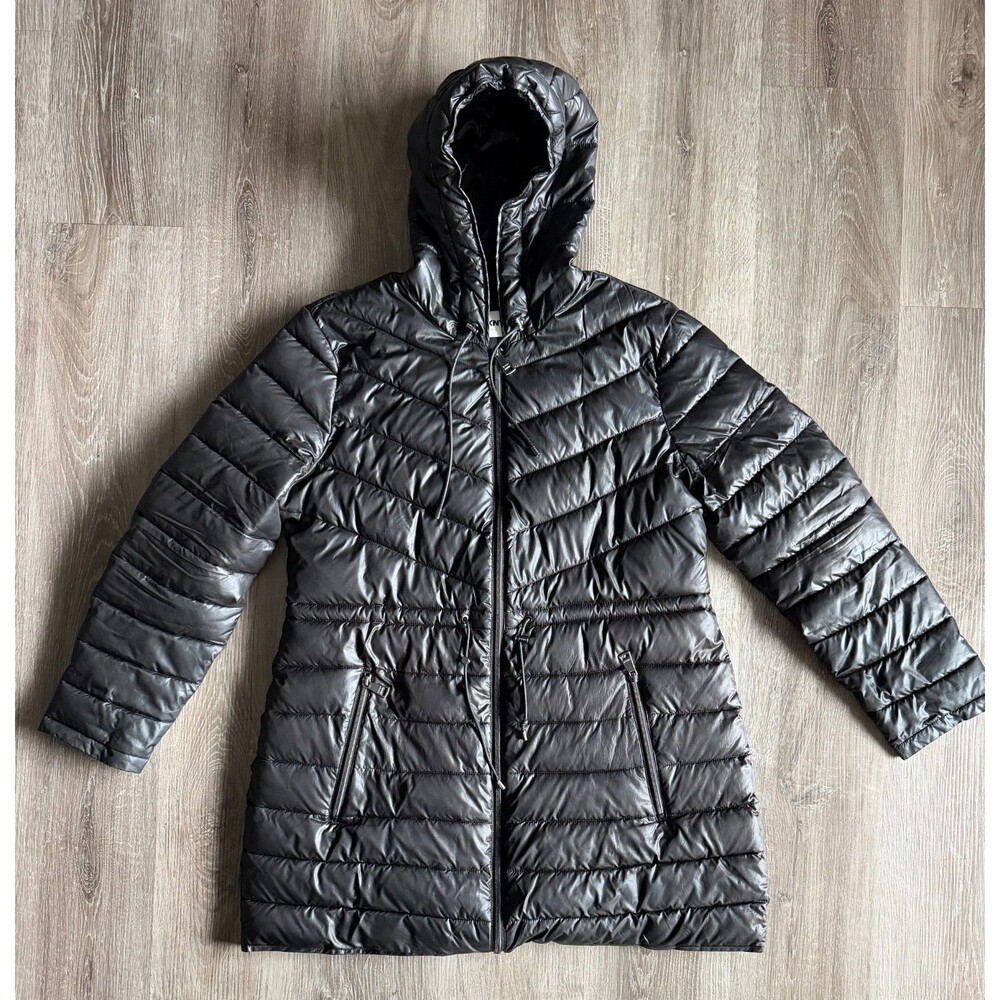 DKNY Womens Large Black Hooded Puffer Jacket Long Quilted Full Zip Coat L